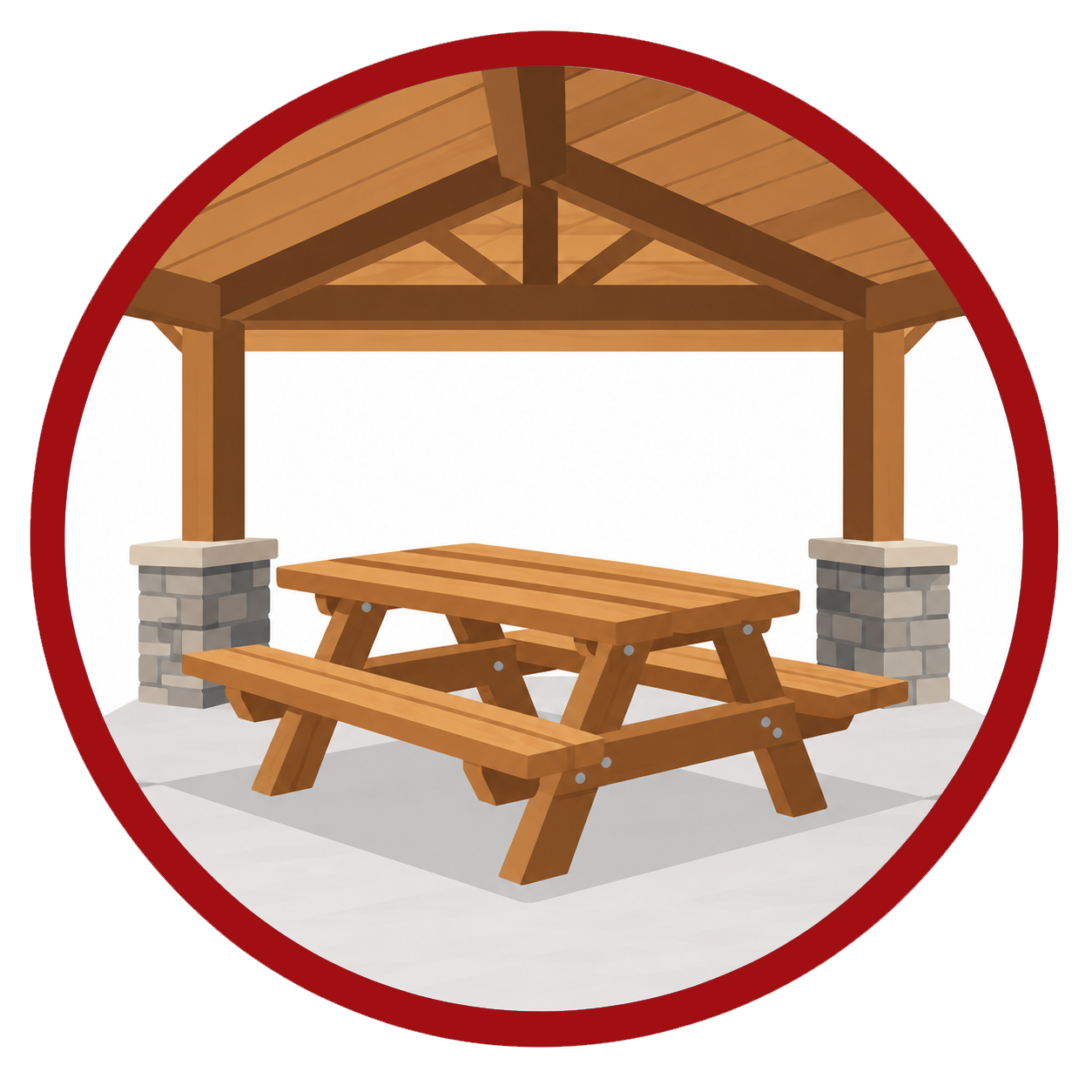 Wooden picnic table sheltered beneath an outdoor pavilion